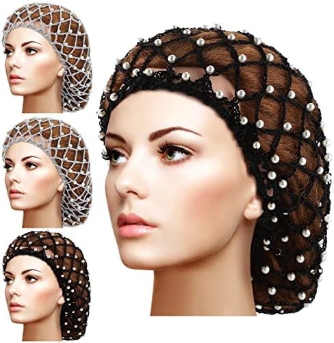 MTLEE 4 Pieces Snoods for Women Hair Net Pearl Crochet Mesh Hairnet Mesh Rayon Knit Hair Wrap Cover for Sleeping