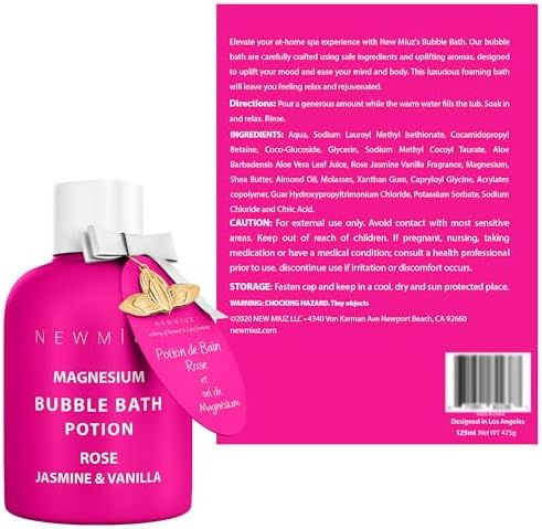 Magnesium Bubble Bath Rose Jasmine Vanilla Long Lasting Foam for Sore Muscles Epsom Salt Moisturizing Relaxing Stress Relief Spa Gift for Women