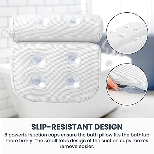 LuxStep Bath Pillow Bathtub Pillow with 6 Non-Slip Suction Cups for Head,Neck and Back Support, Extra Thick and Soft Air Mesh Spa Pillow for Bath - Fits All Bathtub, 15.35x14.56 Inch, White