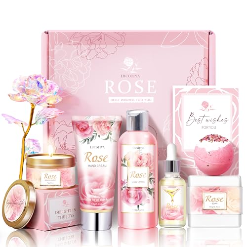 Gifts for Women, Happy Birthday Gifts for Women, Mothers Day Bath and Body Gifts for Woman with Unique Rose Self Care Gift, Home Spa Gift Basket for Mom, Girlfriend, Sister, Female Friends, Coworker