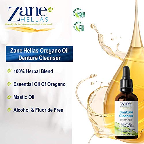 Zane Hellas Denture Cleaner. Oregano Oil Power. Ideal for Dentures, Retainers, Braces, Mouth Guards. Helps Remove Plaque, Tartar, Stains and Bad Odor. 100% Herbal Solution. 1 fl.oz.-30ml.