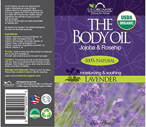 US Organic Body Oil - Elegant Lavender - Jojoba and Rosehip Oil with Vitamin E, Certified Organic, No Alcohol, Paraben, Artificial Detergents, Color or Synthetic perfumes, 5 Fl.oz. (Lavender)
