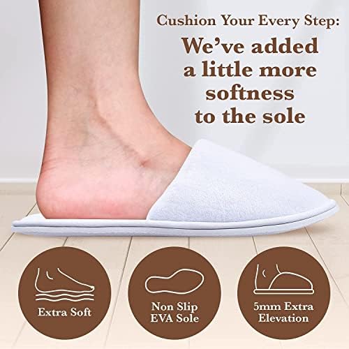 Spa Slippers, Disposable Slippers for Guests Bulk of 6 Pairs - Non-Slip Closed-Toe Premium White Spa Slippers Bulk with Travel Bags - Coral Fleece Hotel Slippers for Women and Men (6 Pair Medium)