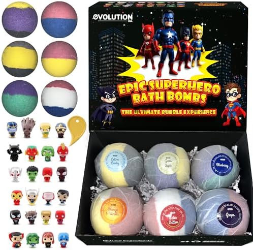 EvolutionUSA Black Epic Superhero Bath Bombs for Kids, 6 Super Hero Bath Bombs with Toy Inside, Lush Childrens Bathbombs, Organic Bathbomb with Surprise Inside, Fizzy Fun Superhero Bath Balls