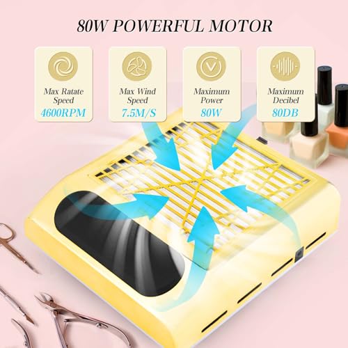 Nail Dust Collector with 2 Reusable Filters & Brush, Powerful 80W Dust Collector Nail Tech for Profesional Beginner Acrylic Nail Polishing, Vacuum Fan Dust Suction Machine for Salon & Home