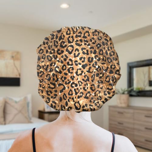 WIRESTER Set of 2 Satin Hair Bonnet for Sleeping, Fashion Sleep Cap, Silk Bonnet with Elastic Soft Band for Women Girls - Black Pink Leopard, Gold Sparkle Black Yellow Glitter Leopard