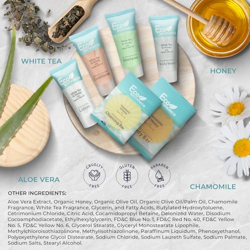 Eco Botanics Amenity & Accessory Kit | 0.85 oz Travel Size Shampoo, Conditioner, Lotion, Body Wash, Soap Bar, Shave & Dental Sets, Make-Up Remover Wipes, & Vanity Kit | 60 sets per case