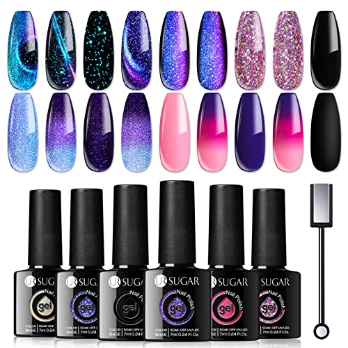 UR SUGAR Glitter Gel Nail Polish Set, 6 Colors Glitter 9D Cat Magnetic Black Nail Polish Color Changing Gel Polish Kit Hot Pink Purple Gold Colors Soak Off Gel Nails Kit Manicure Gift for Women