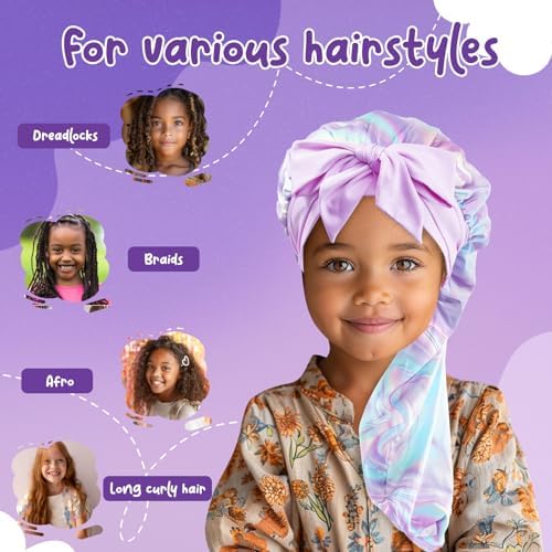 Lolalet Kids Bonnets for Girls, Long Silk Bonnet for Sleeping Kids Satin Bonnet Cap with Tie Band for Dreadlocks Braid Afro Curly Hair -1 PCS, Laser