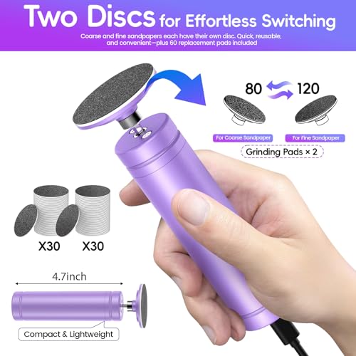 Electric Foot Callus Remover, 4.7” Callus Remover for Feet with 60Pcs Sandpaper Discs, Foot Scrubber, Professional Stepless Speed Control Pedicure Tools for Dead Skin Calluses, Purple