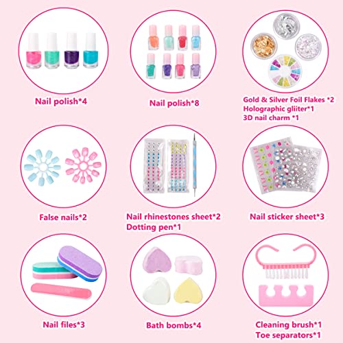 Nail Art Kit with Non-Toxic Nail Polish for Girls, 34Pcs Kids Nail Design Tool Set with Peel-off Nail Polishes, Dotting Pen, False Nail, DIY Sticker, Nail Decoration Gift for Girls Age 6-15