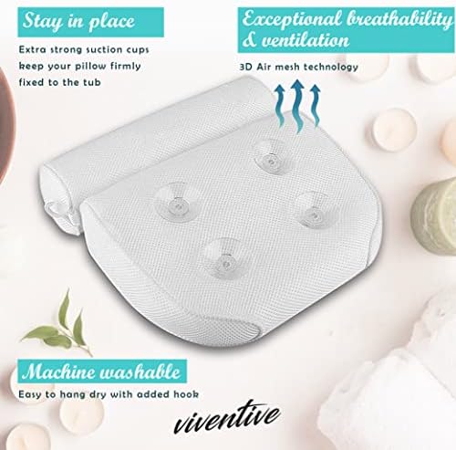 Luxury Bath Pillow for Tub - Non-Slip and Extra-Thick, Head, Neck, Shoulder and Back Support. Soft and Large Comfort Bathtub Pillow Cushion Headrest for Relaxation - Fits Any Tub Made of 3D Mesh