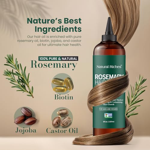 Natural Riches 100% Pure Premium Rosemary Oil For Hair Growth Infused With Biotin & Vitamin E Jojoba & Castor Oil Hair Strengthening Treatment | Nourishing & Volumizing | Non GMO Verified 8 Fl oz.