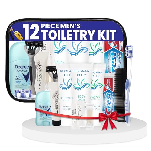 Trektote Travel Toiletry Kit For Men – (50 Pack) 12 Piece Set Of Travel Size Toiletries, TSA Compliant, Travel Essentials, Includes Shampoo And Conditioner, Body Wash, Toiletry Bag & More