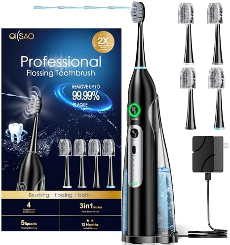 Electric Toothbrush with Water Flosser Combo, 3 Sonic Cleaning Modes, 5 Flossing Speeds, 4 Brush Heads, Portable Flossing Toothbrush for Adults Teeth Cleaning for Plaque Removal
