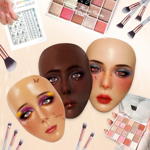 Makeup Mannequin Face Kit, Silicone Face for Makeup Practice Full Face for Must Haves, Mannequin Eye Face for Makeup Practice with Makeup Brushes Set & Eye Shadow & Eyebrow Pencil(Wheat)