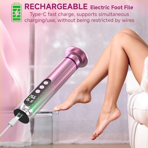Electric Foot Nail File Cordless, 2 in 1 Wireless Dermave Electric Foot Callus Remover, Adjustable 9 Speed Rechargeable Pedicure Foot Filer Tool w/Sandpaper Discs & Nail Drill Bits,Digital Display