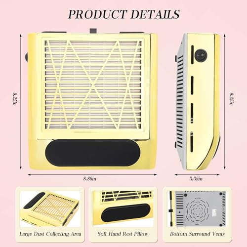 Nail Dust Collector with 2 Reusable Filters & Brush, Powerful 80W Dust Collector Nail Tech for Profesional Beginner Acrylic Nail Polishing, Vacuum Fan Dust Suction Machine for Salon & Home