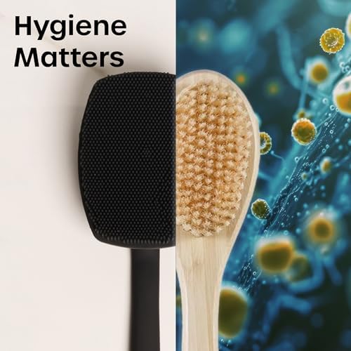The Man Silicone Back Scrubber for Men - Exfoliating Back Scrubber Brush for Shower with Longer Handle - Body Scrubber Brush - Shower Accessory with Hook (1 Set)