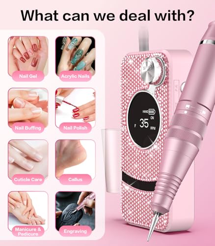 Professional Electric Cordless Nail Drill File with 11 Nail Drill Bits, 35000RPM DIY Glitter e Filer for Nails Kit Machine for Acrylic Nails Gel Polishing for Manicure Salon Home