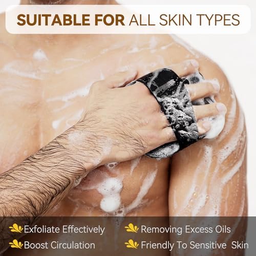 Zinc Infused Silicone Body Scrubber for Men, New Upgrade Deep Exfoliating Body Scrubber for Shower, Silicone Loofah Men for Sensitive Skin with Lathering Bristles and Ergonomic Non-Slip Handle (Black)