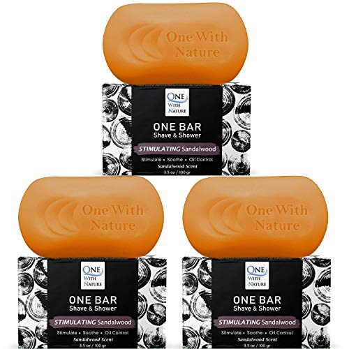 ONE Bar Stimulating Sandalwood 3.5 oz 3 Pack - All in One Shave, Shower, Shampoo for face, beard, body, hair/scalp. SuperFAT “oil” Infused: Avocado, Mango, Olive, Coconut, Argan Oil, Moisturizing.