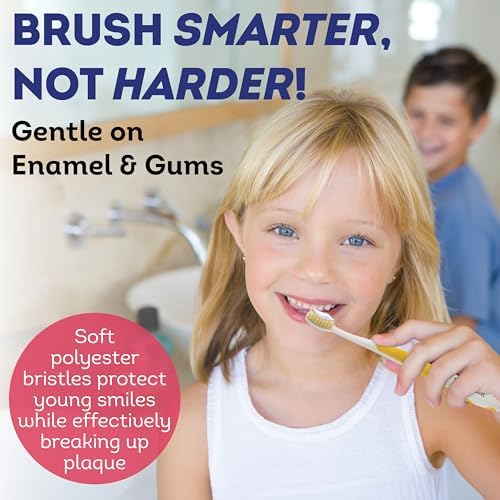 MOUTHWATCHERS Soft Childrens Flossing Manual Toothbrush, Value Pack of 4, Yellow and Pink, Toothbrushes for Kids & Teens, Ultra Clean, by Dr. Plotka's