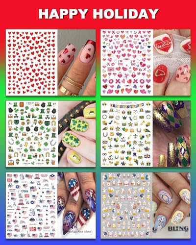winthrop 36 Sheets All Holiday Nail Art Stickers, Mixed Season Nail Decals Set for All Year, Spring Summer 3D Self-Adhesive Colorful Pegatinas Uñas Daisy Butterfly 4th of July Halloween Christmas