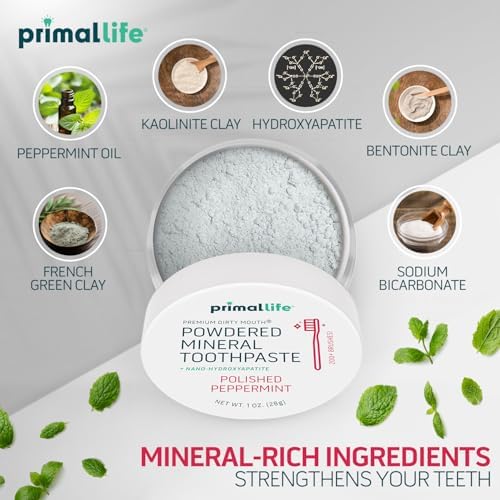 Primal Life Organics - Dirty Mouth Toothpowder, Tooth Cleaning Powder, Flavored Essential Oils with Natural Kaolin & Bentonite Clay, Good for 200+ Brushings, Paleo, Organic, Vegan (Peppermint, 1 oz)
