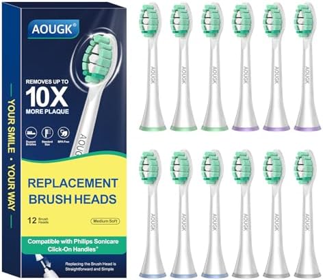 Replacement Brush Heads Compatible with Philips Sonicare Electric Toothbrush with Click-on System Medium-Soft Dupont Bristles for Optimal Plaque Remove, 12 Count