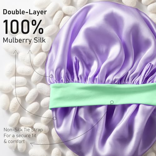 LitBear 100% Mulberry Silk Bonnet for Sleeping Women, 6A 22 Momme, Large Double-Layer Hair Wrap with Tie Band