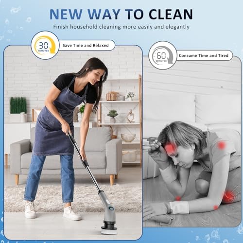 Electric Spin Scrubber, Full-Body IPX7 Waterproof Cordless Power Cleaning Brush with Adjustable Extension Handle, 2-Speed Shower Scrubber with 7 Replaceable Brush Heads for Bathroom, Kitchen, Grey