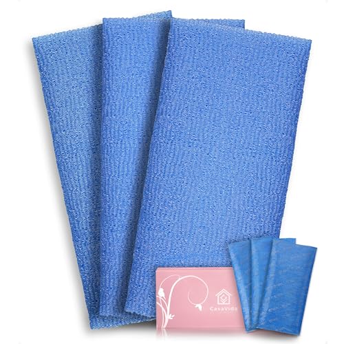 CasaVida Exfoliating Washcloth Back Scrubber for Shower Exfoliating Body Scrubber Japanese Beauty African Net Sponge Bath Korean Loofah Towel Wash Cloth Body Scrub 3 Pack (Navy-Blue x 3)