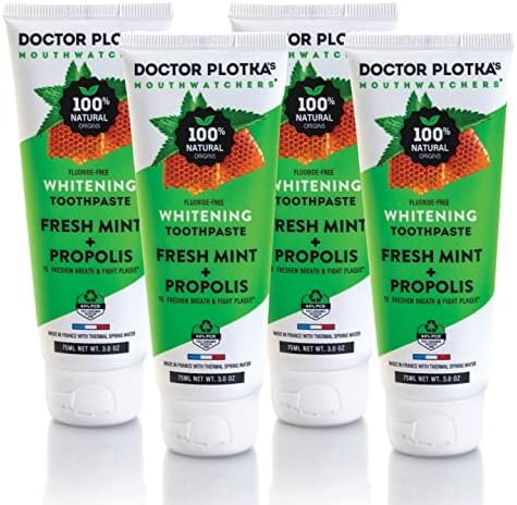 MOUTHWATCHERS Whitening Fluoride Free Naturally Sourced Toothpaste, 4 Tubes, 3 oz Each, for Sensitive Teeth and Gums, Fresh Organic Mint and Propolis, by Dr. Plotka's