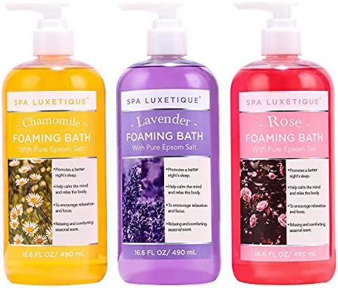Spa Luxetique Bubble Bath, 3 X 16.9 fl oz Foaming Bath with Pure Epsom Salt, Chamomile, Rose and Lavender Scent Bathing Set, Christmas Gifts Set for Women and Men