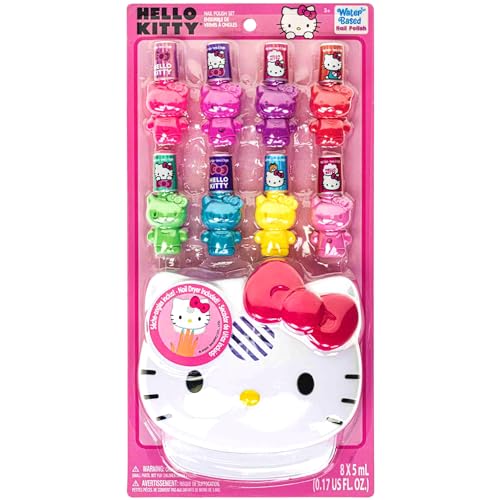 Townley Girl Hello Kitty and Friends 8 Pack Non-Toxic Peel-Off Shimmer and Opaque, Water-Based Safe Nail Polish Set with Nail Dryer for Kids, AA Batteries Not Included, Ages 3 and Up
