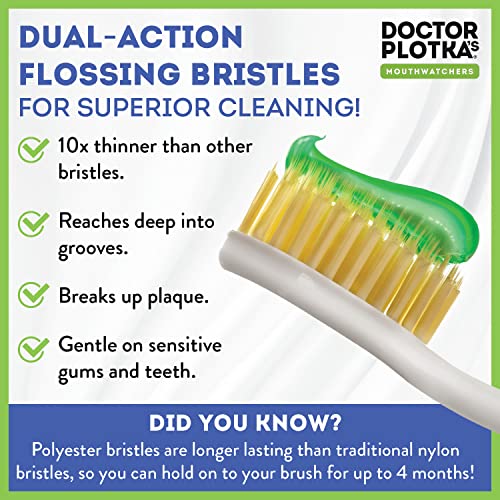 MOUTHWATCHERS Soft Flossing Toothbrushes for Adults, Value 6 Pack, Ultra Clean Manual Toothbrush Set for Sensitive Teeth & Gums, by Dr. Plotka, Assorted Colors