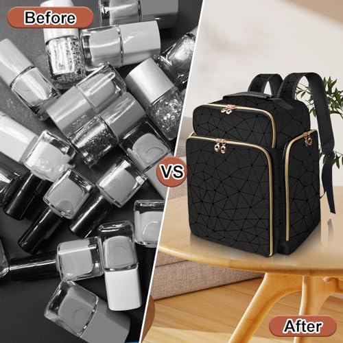 Elegant Black Backpack Organizer, Holds 126 Nail Bottles, Extra Large Nail Kit Supplies Storage with 3 Removable Cases, PU Leather Organizer for Travel
