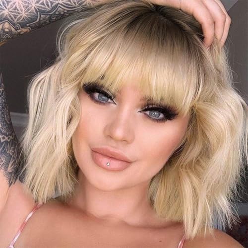 MISSQUEEN Short Ombre Blonde Wigs with Bangs Synthetic Wavy Curly Pastel Blonde Bob Wig for White Women Girl Colorful Cosplay Wig