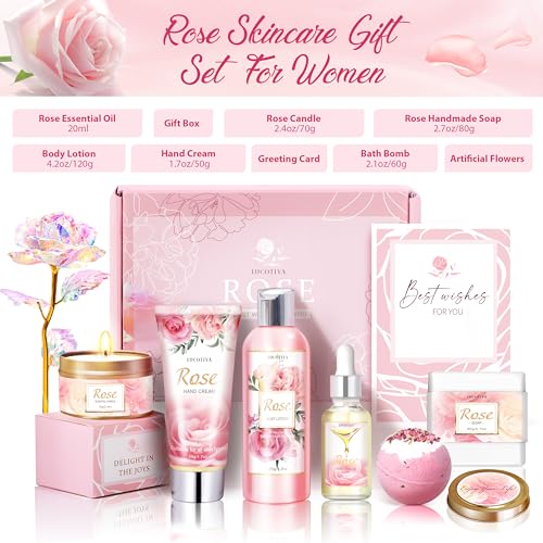 Gifts for Women, Happy Birthday Gifts for Women, Mothers Day Bath and Body Gifts for Woman with Unique Rose Self Care Gift, Home Spa Gift Basket for Mom, Girlfriend, Sister, Female Friends, Coworker
