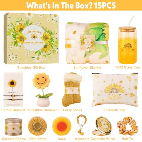 Sunflower Gifts for Women, Get Well Soon Gift Basket for Women,15pc Care Package Feel Better Gift, Surgery Wellness Kit, Thinking of You Sunshine Birthday Box for Her Mom Friend Coworkers Teacher Wife