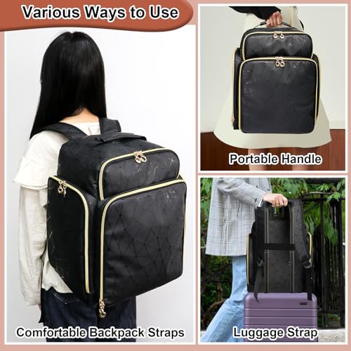 Elegant Black Backpack Organizer, Holds 126 Nail Bottles, Extra Large Nail Kit Supplies Storage with 3 Removable Cases, PU Leather Organizer for Travel