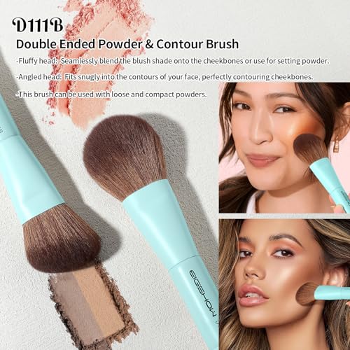 EIGSHOW Makeup Brush Set, 3Pcs Dual Ended Face Makeup Brushes for Foundation Powder Contour Highlight Concealer Nose Shadow, Travel Gift Set (Cyan)
