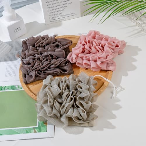 Washcloth Loofah Combo 2-in-1 Loufee Washcloth That Holds Bar Soap-Exfoliation Mesh Shower Ball for Body Wash & Smooth Skin+Free Loofah Dish Towel (Grey+Coffee+Pink)