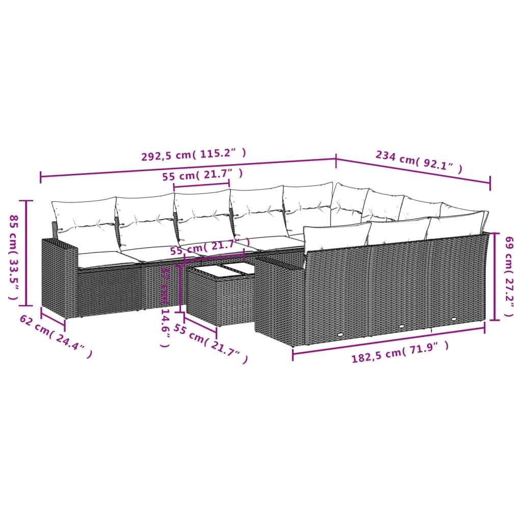vidaXL Garden Sofa Set Grey PE rattan, powder-coated steel, tempered glass