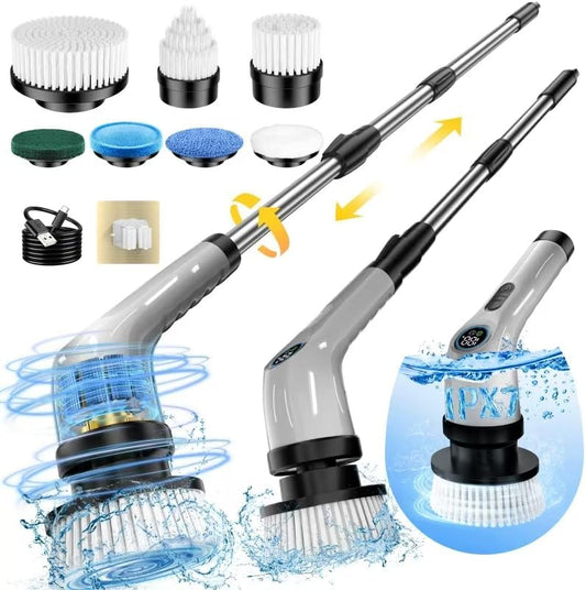Electric Spin Scrubber, Full-Body IPX7 Waterproof Cordless Power Cleaning Brush with Adjustable Extension Handle, 2-Speed Shower Scrubber with 7 Replaceable Brush Heads for Bathroom, Kitchen, Grey