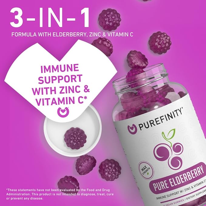Elderberry Gummies with Sambucus, Vitamin C, and Zinc – Your Perfect Daily 3-in-1 Supplement for Kids & Adults – Gluten Free, Non-GMO, Vegan, 60 Count