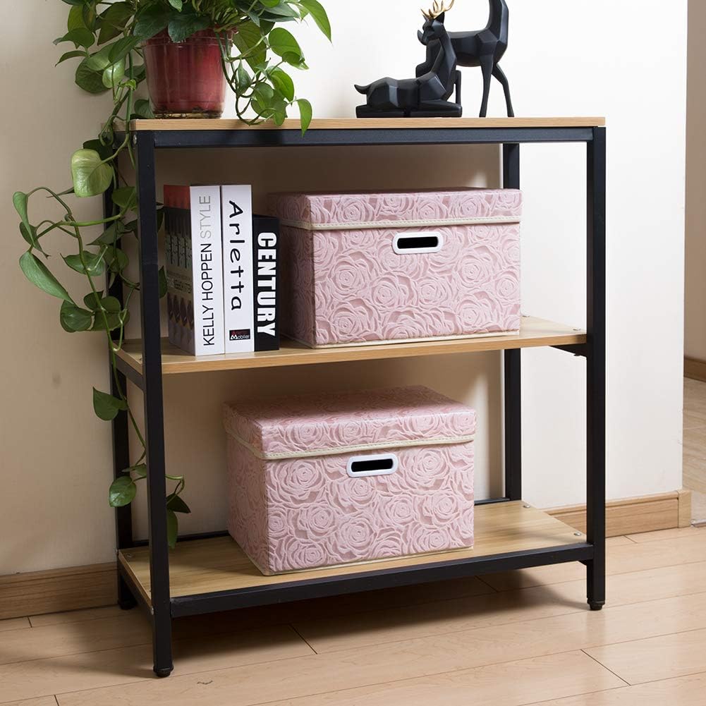 PRANDOM Collapsible Storage Boxes with Lids [5-Pack] Fabric Decorative Storage Bins Cubes Organizer Containers Baskets with Cover Handles Divider for Bedroom Closet Living Room Pink 14.9x9.8x9.8 Inch