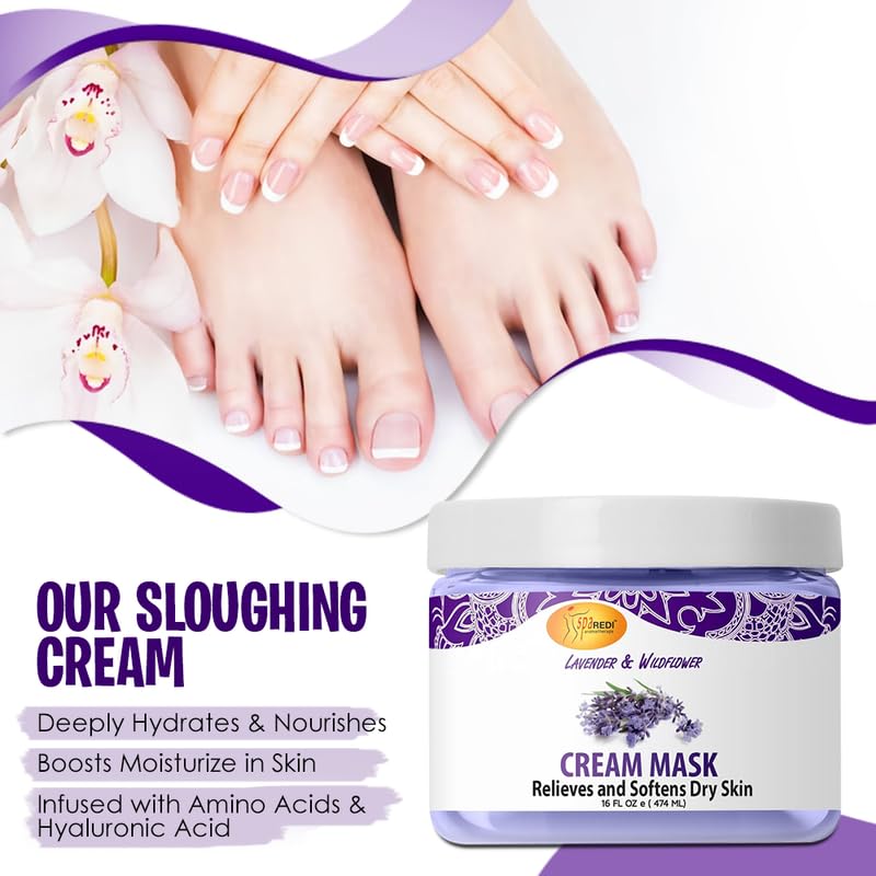 SPA REDI - Body and Foot Cream Mask, Lavender and Wildflower, 16 Oz - Pedicure Massage for Tired Feet and Body, Hydrating, Fresh Skin - Infused with Hyaluronic Acid, Amino Acids, Panthenol