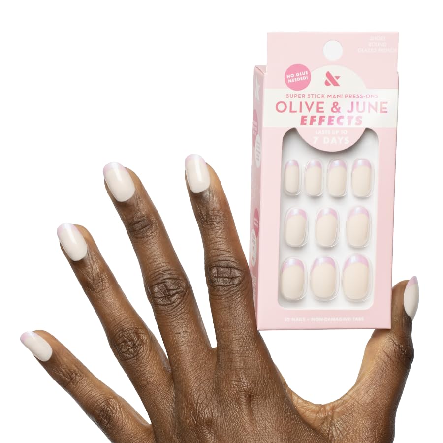 Olive & June Super Stick Mani Press-On Nails | Short, Round | No Glue Needed | 32 Tab Nails in 16 Sizes | Non-Toxic Tabs | Easy On-Off, Non-Damaging | Realest Look | 7-Day Wear | Glazed French